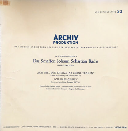 Johann Sebastian Bach — Dietrich Fischer-Dieskau, Hermann Töttcher - Kammerorchester Karl Ristenpart, Karl Ristenpart - „Ich Will Den Kreuzstab Gerne Tragen" / „Ich Habe Genug" (LP, Album, Mono, RP, Sti)